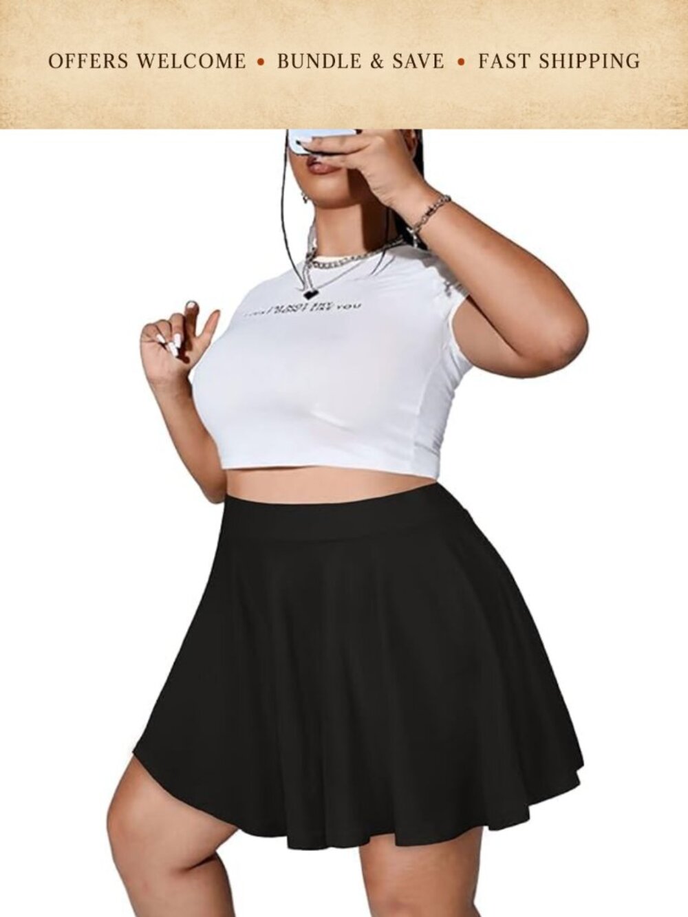 Plus Size Pleated High Waisted A-Line Mini Skirt Stretchy Flared Skater